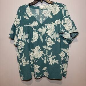 Wonderly V-neck blouse with a green and white floral print & flutter sleeves. 1X